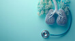 © Atlas - Mockup of human lungs in light blue color, flowers and a phonendoscope on a light blue background with space for text, created with Generative AI technology