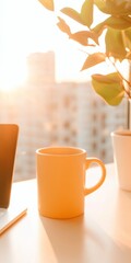 Poster - Morning Light in Modern Office with Businesswoman Working on Laptop, City Skyline, and Coffee Cup