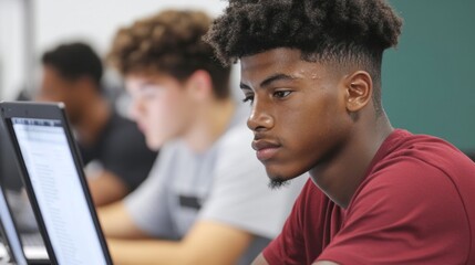 Poster - Focused Teenager Engaging in Technology Learning with Mentorship - Modern Classroom Setting