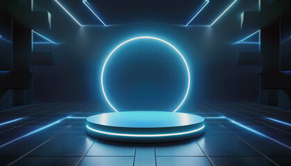 Futuristic Glow: A circular neon light illuminates a sleek, elevated platform, set against a dark, geometric backdrop.  A scene of modern technology and design.