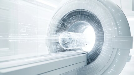 Poster - futuristic depiction of a quantum x-ray machine emitting beams of light, revealing the intricate details of an object placed on its platform.