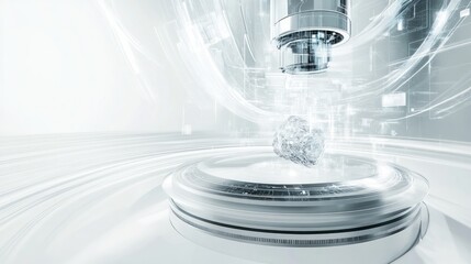 Poster - futuristic depiction of a quantum x-ray machine emitting beams of light, revealing the intricate details of an object placed on its platform.