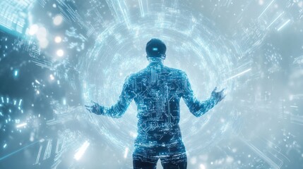 Poster - futuristic quantum engineer analyzing complex data patterns on a holographic interface