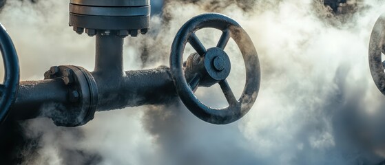 A close-up of industrial pipes and valves releasing steam, showcasing a blend of machinery and environmental effects.