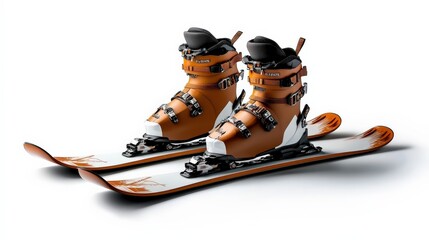 A pair of skis with boots attached, isolated on a white background, ready for a winter holiday