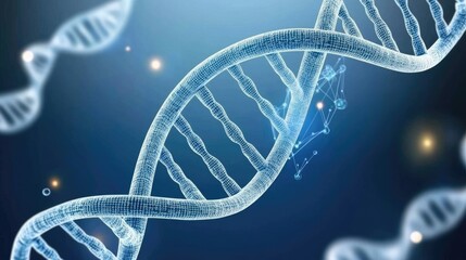 Fototapete - Dynamic 3D representation of a DNA strand, twisting and glowing with bright blue light, surrounded by data points and molecular structures.