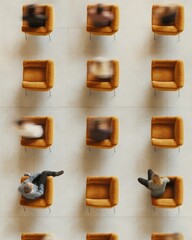 Poster - Symmetrical Aerial View of Couples on Velvet Couches in Geometric Pattern