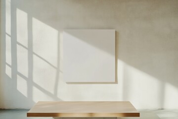 Poster - Modern Minimalist Poster Display on Cream Concrete Wall with Wooden Surface in Serene Lighting