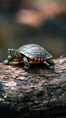 Poster - Painted turtle on a log in natural habitat, wildlife and nature concept