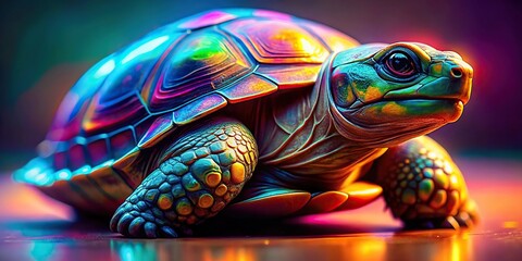 Sharp, colorful, iridescent futuristic macro image of a bright turtle shell