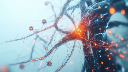 Poster - futuristic diagram of the human nervous system with glowing neurons and synaptic connections,