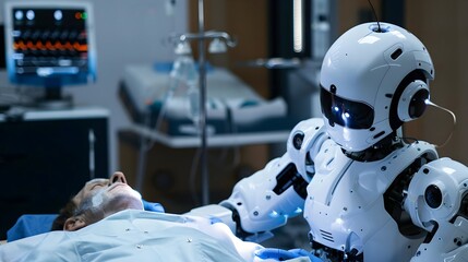 Medical robotics concept. AI robot performs emergency examination for a human patient in a hospital bed. Robots with artificial intelligence, Robotic surgery