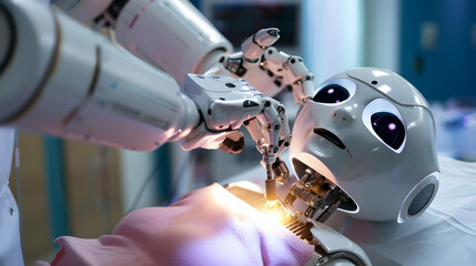 Robotic surgery and medical robotics concept. AI robot performs complex operations for another humanoid robot patient in a hospital bed. Robots with artificial intelligence repair each other 