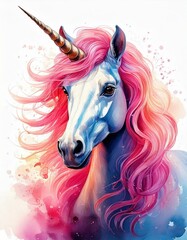  Unicorn with pink mane, white isolate background