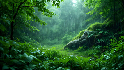 Lush Forest in Rain with Green Landscape