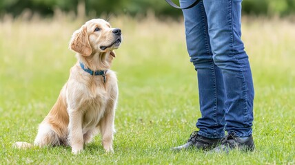 Golden retriever dog sitting beside owner in a grassy outdoor field.