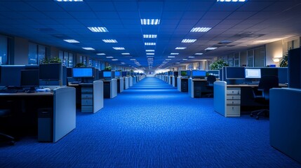 Aufkleber - A dimly lit office space featuring rows of desks and computer monitors, suggesting a late work environment.