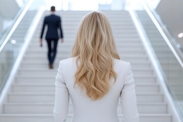 Professionals ascending staircase in modern office setting, focused on progress.