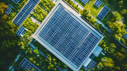 Poster - aerial view of a large-scale data center powered by sustainable energy with solar panels on the roof