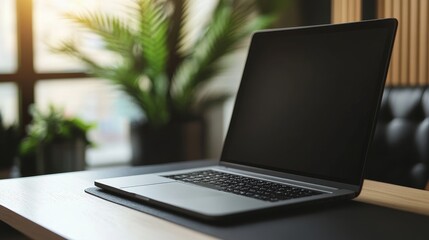 Poster - A sleek laptop sits on a desk, surrounded by plants, conveying a modern workspace atmosphere.