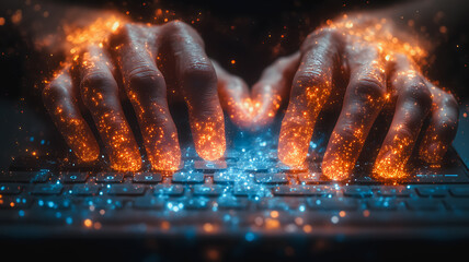 Poster - a person is typing on a keyboard with a blue and orange glow. concept of creativity and innovation, 