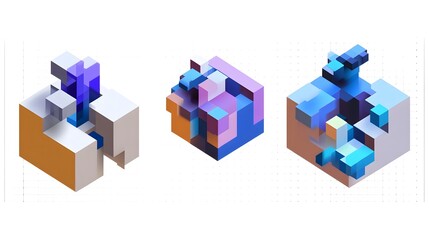 Set of geometric compositions with cubes, 3d render