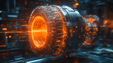 Poster - A glowing orange object with a wheel on it. The object is surrounded by a lot of orange sparks
