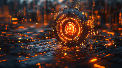 Poster - The image is a computer-generated representation of a futuristic cityscape. The center of the image is a glowing, glowing, and glowing orange circle that stands out against the dark background