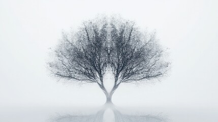 Poster - conceptual depiction of a quantum tree, where the trunk is composed of delicate lines and particles,
