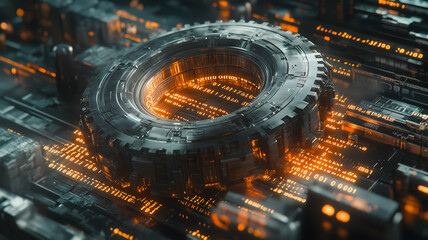 Poster - a futuristic cityscape with a glowing orange circle in the center. the circle is surrounded by a net