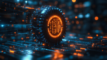 Poster - A glowing tire with a code on it. The tire is surrounded by a blue and orange background