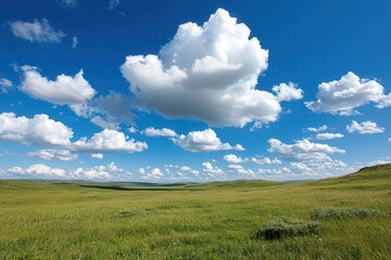 Vast green meadow under a bright blue sky with fluffy white clouds.