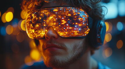 Poster - A man wearing a pair of virtual reality goggles with a beard and glasses. The goggles are orange and the man is looking at the camera