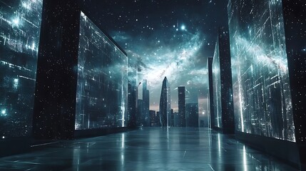 Aufkleber - Exploring a futuristic urban landscape with transparent walls and cosmic views in a stunning digital realm