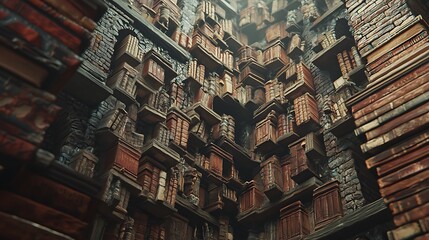 Poster - A towering library of books constructed with spines as bricks showcasing the fusion of literature and architecture