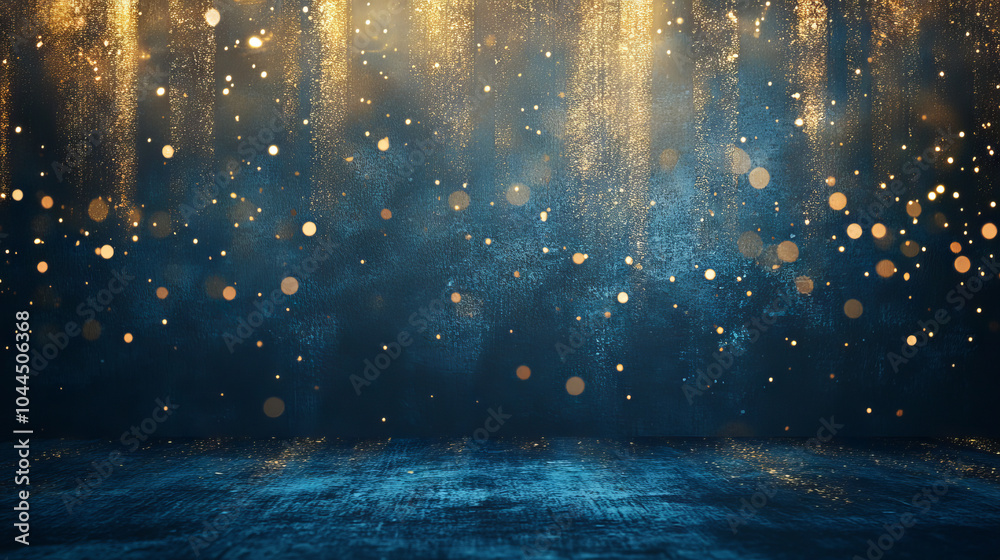 A dramatic dark blue stage with shimmering gold spotlights and glitter ...