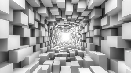 exploring an abstract tunnel of white cubes leading to a bright light at the end, evoking a sense of