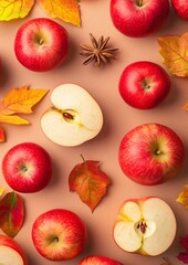 Canvas Print - Rustic Autumn Apple Display with Colorful Leaves on Beige Background