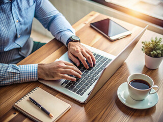 close-up of a man's hands typing on a laptop