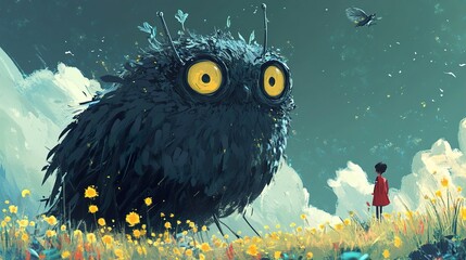 Poster - A Giant Owl in a Field of Flowers: A Surreal Fantasy Illustration