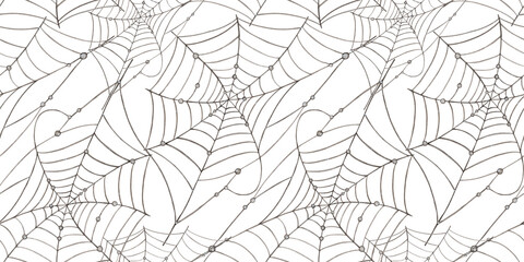 Black spider web with beads pattern for Halloween party decoration watercolor illustration. Spider house isolated from background. Concept design for poster, card, banner, clothing, wallpaper, 