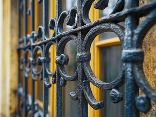 Wrought iron fence protecting building entrance with blurred background