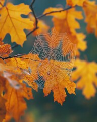 Canvas Print - Intricate Spider Web and Dew on Autumn Leaves in Morning Light