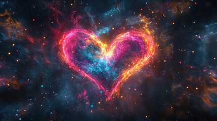 Wall Mural - Multicolored glowing love heart made of magical energy. Cosmic glowing heart.