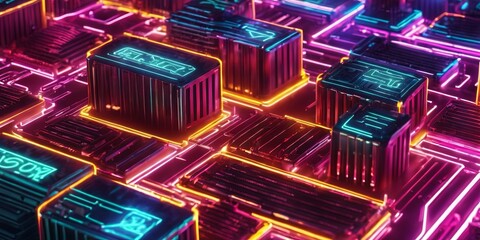 Poster - A neon colored image of a cityscape with many different colored boxes