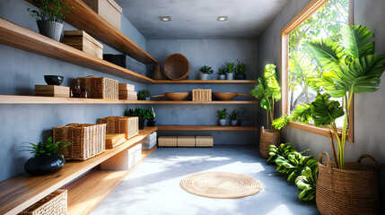 Elegant and minimalist interior design with natural elements and stylish storage solutions