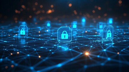 3D rendering of a blue digital network with glowing padlock icons on a dark background, an AI and security concept design