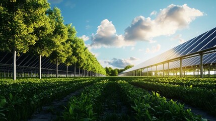 A vibrant landscape featuring solar panels beside lush greenery, bathed in sunlight, representing sustainable agriculture and renewable energy.