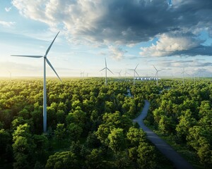 a scenic view of wind turbines amidst a lush green forest, showcasing renewable energy and a commitm