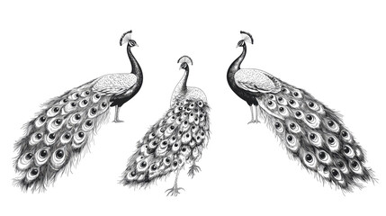 Poster - black and white peacock icons on transparent background generative ai